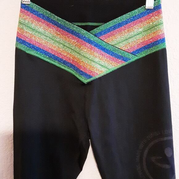 Zumba Wear Rainbow Sparkle Glitter Belted Workout Spellout Black Leggings M - Picture 2 of 13